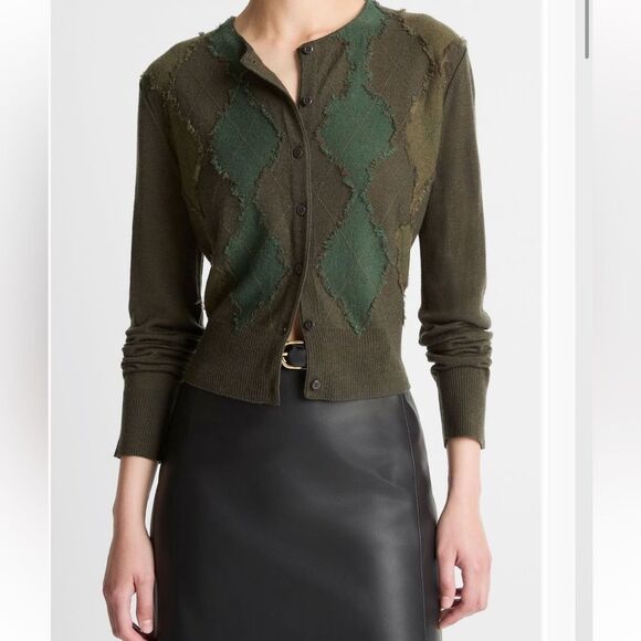 NEW Vince Hand Cut Argyle Cashmere and Wool Cardigan Sweater Green herba/fore